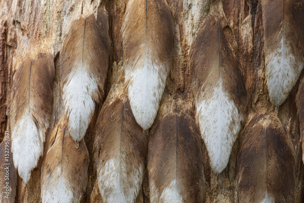 Poster feathers with brown and white patterns are arranged on weathered bark, creating natural and textured