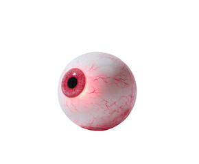 A detailed, realistic human eye with red iris and intricate blood vessels against black.