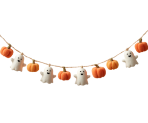 This whimsical garland showcases smiling ghosts and cheerful pumpkins, perfect for Halloween.