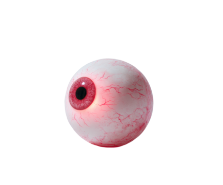 A detailed, realistic human eye with red iris and intricate blood vessels against black.
