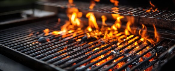The grill igniting with vibrant flames and sizzling charcoal for outdoor cooking.