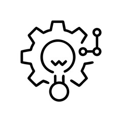 Minimal outline icon showing a gear and lightbulb, symbolizing innovation, technology solutions, and creative engineering processes.
