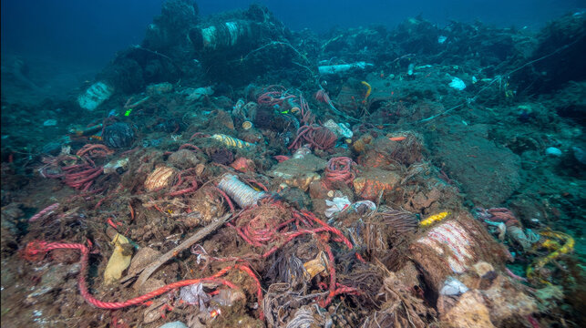 Lost fishing net resting on ocean seabed, representing ghost gear pollution problem in marine ecosystem. Underwater environmental damage caused by abandoned, discarded, or lost fishing equipment