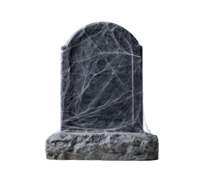 A spooky tombstone with spiderwebs, perfect for Halloween and horror themes.