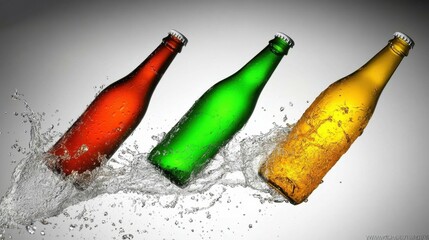 Colorful Elixir Burst: Vividly colored bottles of a refreshing drink, bursting forth with an explosion of cool, clear liquid in a stunning display of refreshment.