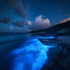Beautiful nighttime beach landscape with soft waves and bright stars twinkling in the dark sky