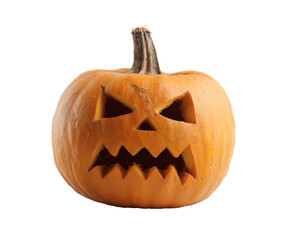 A carved pumpkin with a spooky face, ready for halloween.