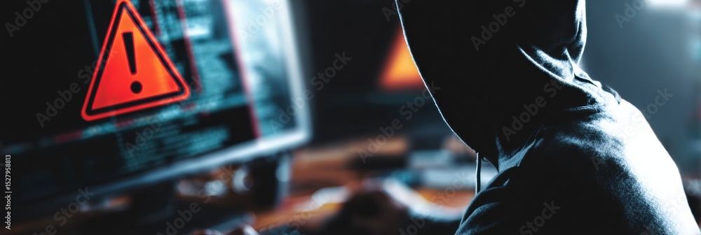Poster Danger Alert on Monitor Displaying Fake Identity Profile in a Dimly Lit Workspace