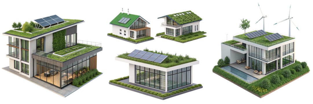 Set of eco buildings with sun panels energy isolated on a transparent background - Powered by Adobe