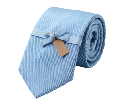 A neatly rolled light blue tie, perfect for a gift or formal occasion.