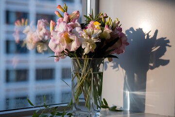 A Bouquet of Delicate Pink and White Flowers in a Glass Vase