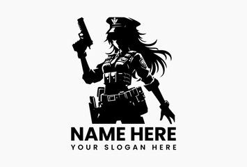 Stylized black silhouette vector logo of a police officer holding a firearm in a serious expression, representing law enforcement.