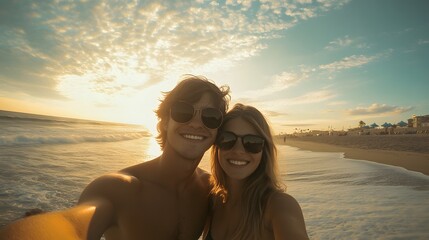 5. Young Caucasian couple taking a selfie at the beach