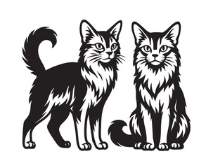 Black and white illustration of two elegant Somali cats, one standing and one sitting. Pet.