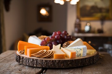 A Rustic Wooden Cheese Board Featuring a Selection of Fine Cheeses and Grapes