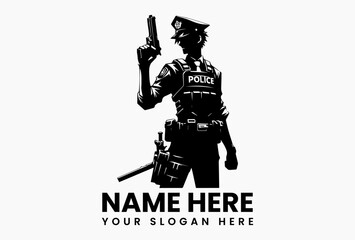 Stylized black silhouette of a police officer in uniform holding a firearm with a serious expression. Law enforcement concept