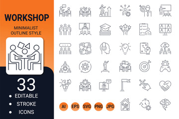 Workshop line icons – editable stroke teamwork, coaching, and collaboration vector set