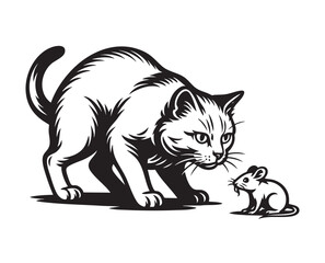 Obraz premium Black and white vector illustration of cat in hunting pose stalking small mouse, perfect for pet behavior and predator-prey design concepts.