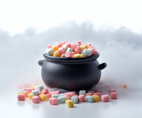 A black cauldron filled with colorful marshmallows surrounded by wisps of fog.