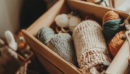 Wooden crate filled with colorful yarn balls for knitting or crocheting