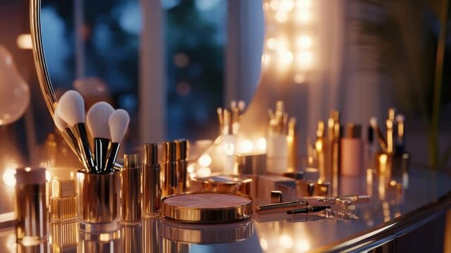 Glamourous Vanity: A captivating array of beauty essentials, including makeup brushes and accessories, artfully arranged on a luminous vanity table, bathed in soft, inviting light. 