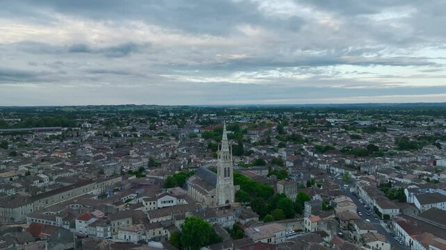 Twilight over Libourne from a drone, Gironde, Nouvelle-Aquitaine, Saint-&Eacute;milion and Pomerol, Southwestern France, Europe