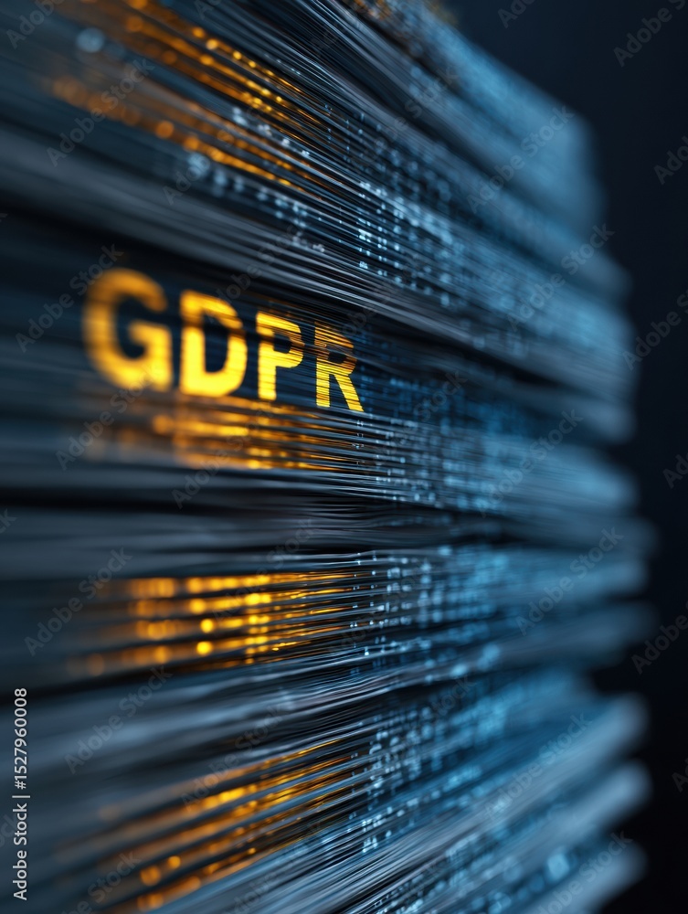 Poster GDPR Text Highlighted Over Stacked Data Files With Open Space for Analysis and Insights