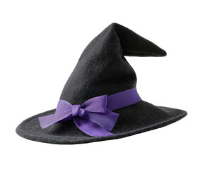 A black witch hat with a purple ribbon and bow, ready for Halloween fun.