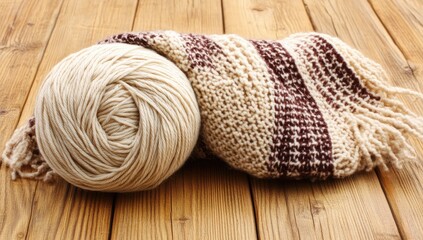 Beige yarn ball next to a brown and beige knitted wrap on a wooden surface
