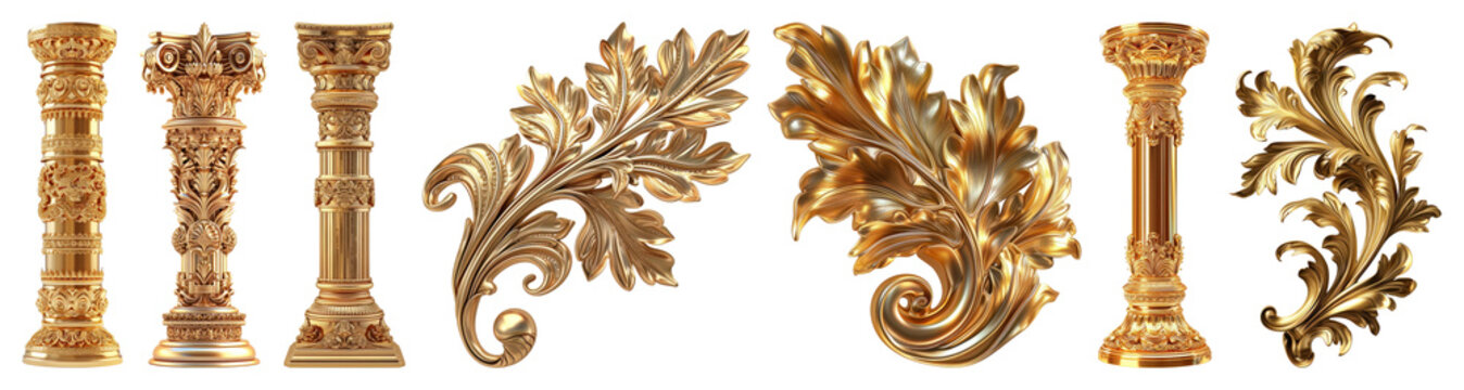 PNG Set of ornate gold columns and decorative leaf designs element set on transparent background.