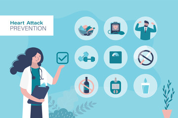 Heart attack prevention infographic, poster template. Doctor cardiologist talking about disease prevention factors. Fitness, refuse bad habits. Health care concept