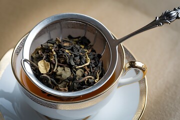 A Delicate Tea Infuser Resting in an Elegant Teacup