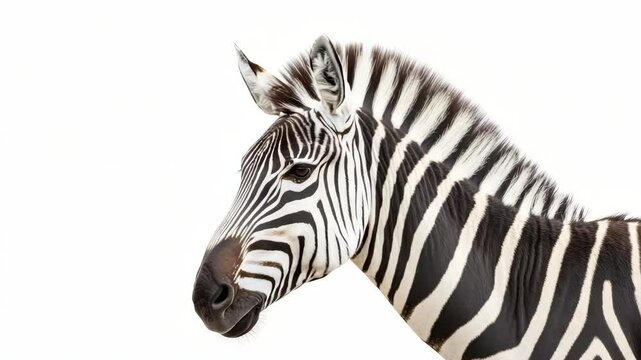 Close-up of a zebra's head with distinctive black and white stripes, realistic style, isolated on a clean white background, concept of wildlife