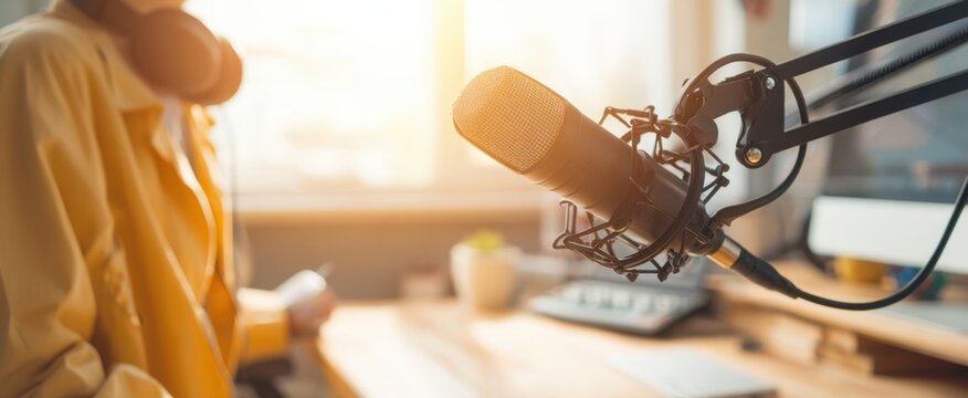 The microphone and headphones set up for an engaging podcast recording session.