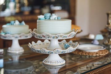 Exquisite Two-Tiered Cake Stand with Pastel Cakes and Delicate Decorations