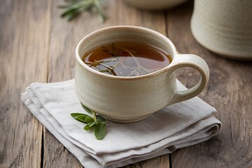 A Rustic Scene of Herbal Tea in a Ceramic Mug