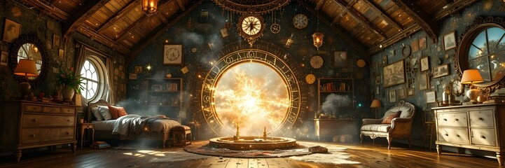 Magical Portal Room: A mystical room filled with antique furniture, curious objects, and a glowing portal. The room evokes a sense of wonder and mystery, hinting at a journey to a magical realm.