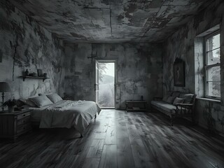Abandoned Bedroom: A monochromatic image of a derelict bedroom, featuring a weathered wooden floor, peeling walls, and an open door revealing a glimpse of a serene landscape.