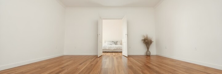 Serene Room with Open Door: An inviting interior space unfolds, featuring a hardwood floor, pristine walls, and an open door beckoning towards a softly lit room with natural light