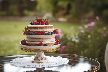 A Delectable Two-Tiered Naked Cake Adorned with Fresh Berries
