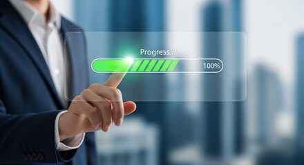 Businessman in a suit touches a glowing green progress bar on a translucent screen, indicating advancement, completion, or a digital loading process in a business context.