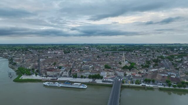 Twilight over Libourne from a drone, Gironde, Nouvelle-Aquitaine, Saint-&Eacute;milion and Pomerol, Southwestern France, Europe