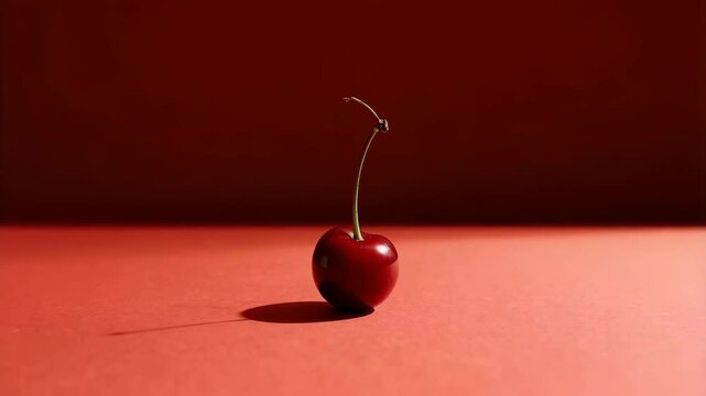 Studio shot showing a single ripe red cherry with a long stem against a matching red background on a red surface casting a shadow.