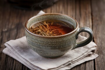 A Warm Cup of Herbal Tea on Rustic Wooden Table