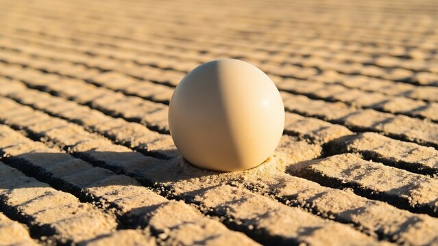 A creamy sphere resting on a textured sandy surface under soft sunlight