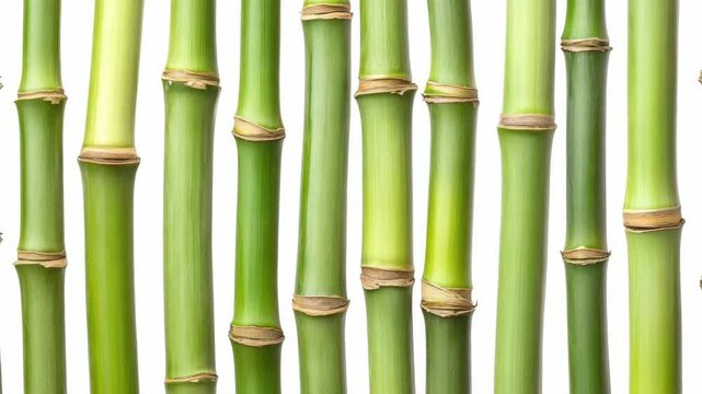 Green bamboo stalks aligned vertically, photographed in natural style on white background, symbolizing nature, growth, and sustainability
