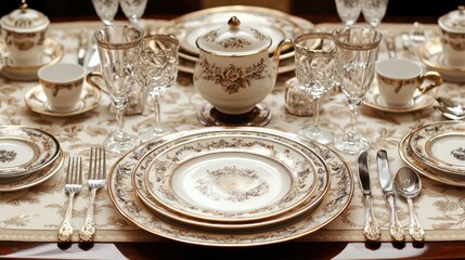 A fine dining table set with perfectly arranged dishes, sparkling cutlery, and an impeccable tablecloth