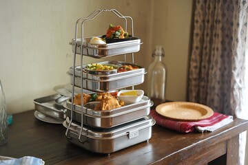 A Stackable Stainless Steel Food Carrier with Delicious Meals