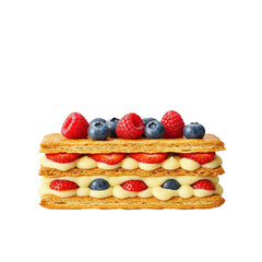 A layered pastry dessert with cream and fresh berries. The dessert features a golden-brown crust, filled with custard and topped with strawberries, raspberries, and blueberries.