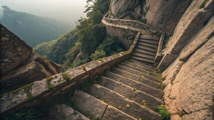 Stone Stairway to Serenity: A breathtaking aerial view of a stone stairway winds its way up a rugged mountain, hinting at the journey of exploration and discovery in the natural world.